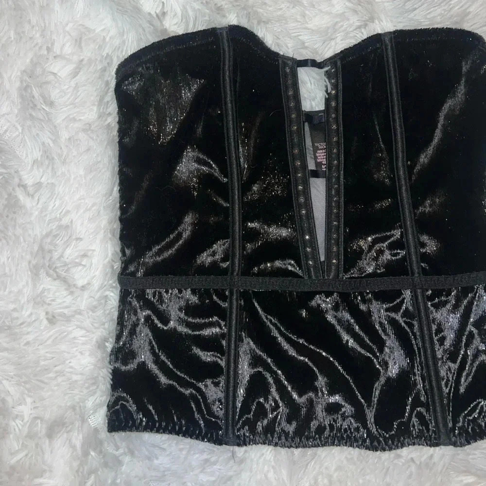Victoria Secret Corset Style Black Velvet Velour Strapless Lingerie Small
